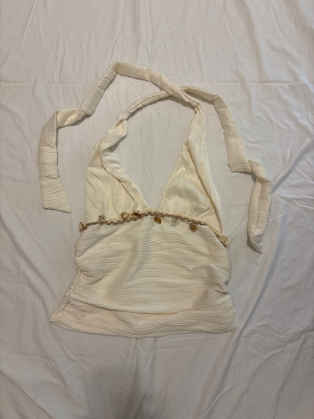 Cream Pleated Halter Top with Decorative shells